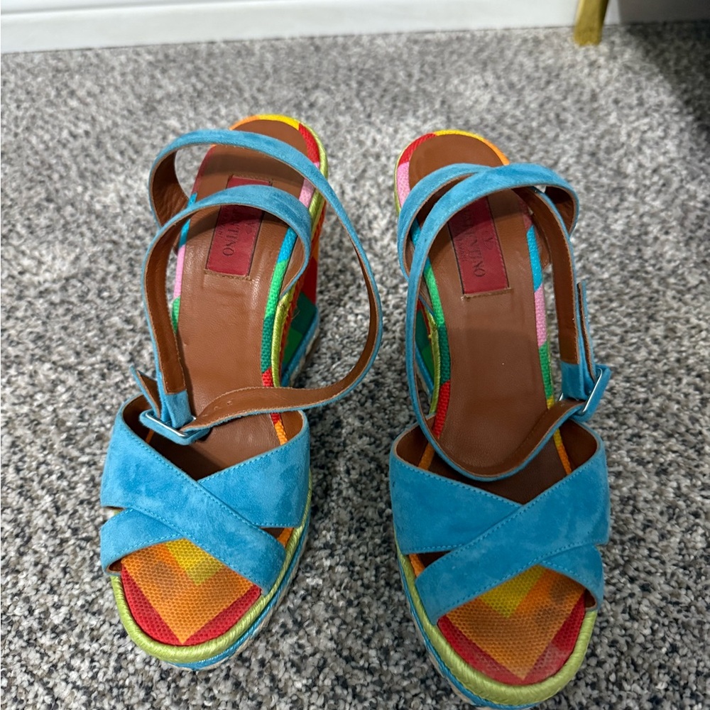 Valentino Blue and Rainbow Wedge  Espadrilles with Criss-Cross Straps